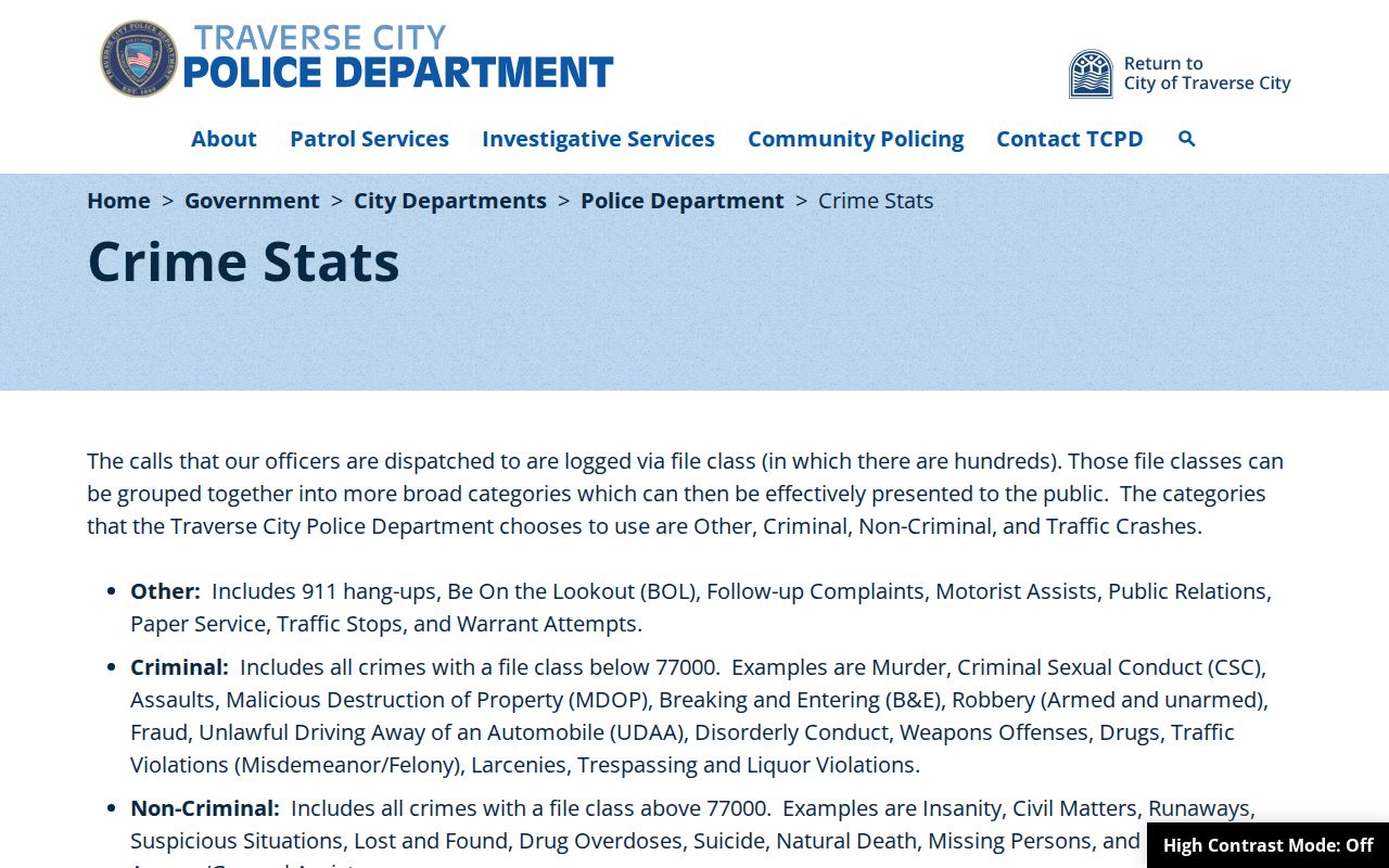 Traverse City Police crime statistics webpage showing aggregate incident information