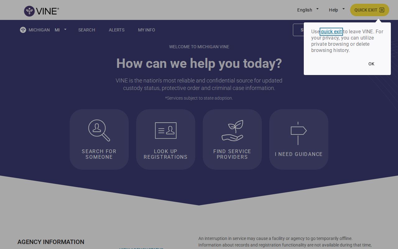 Michigan VINELink custody search interface