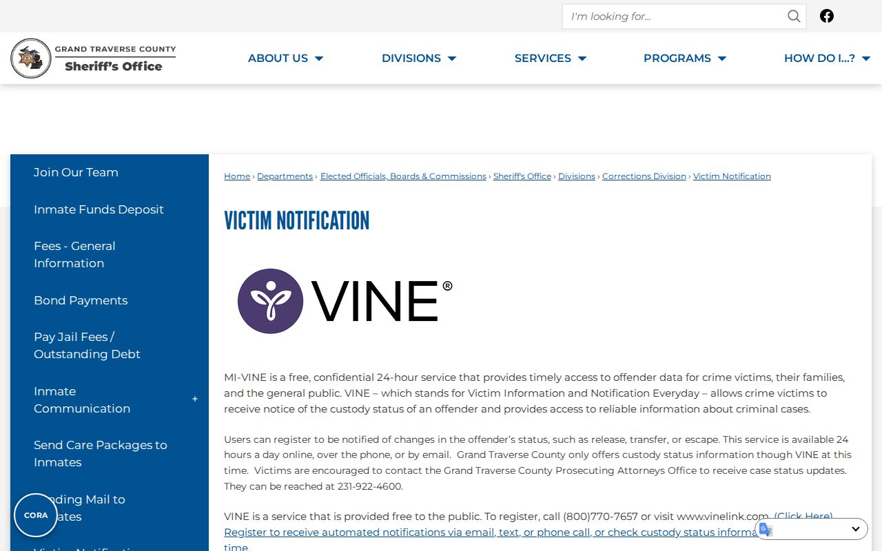 Grand Traverse County victim notification page explaining MI-VINE custody coverage
