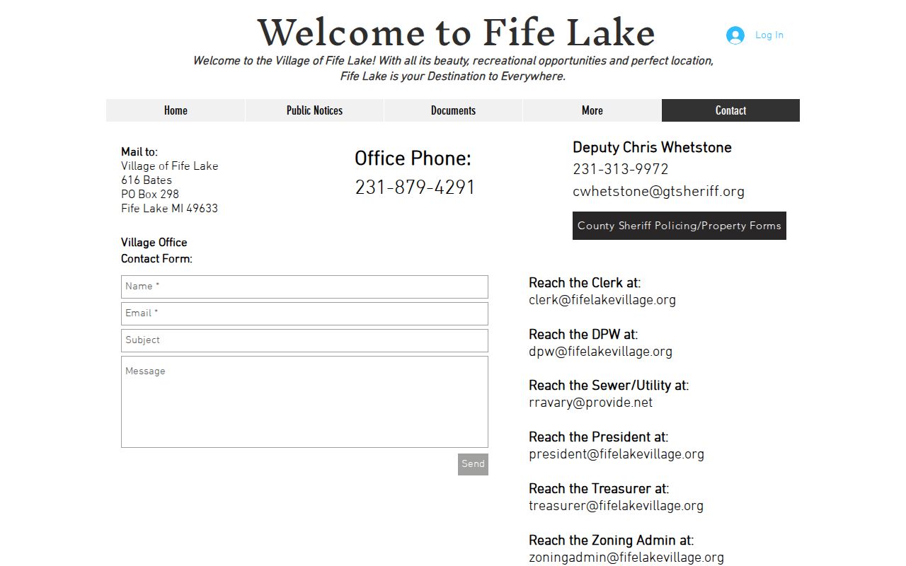 Village of Fife Lake contact page listing the contracted sheriff deputy