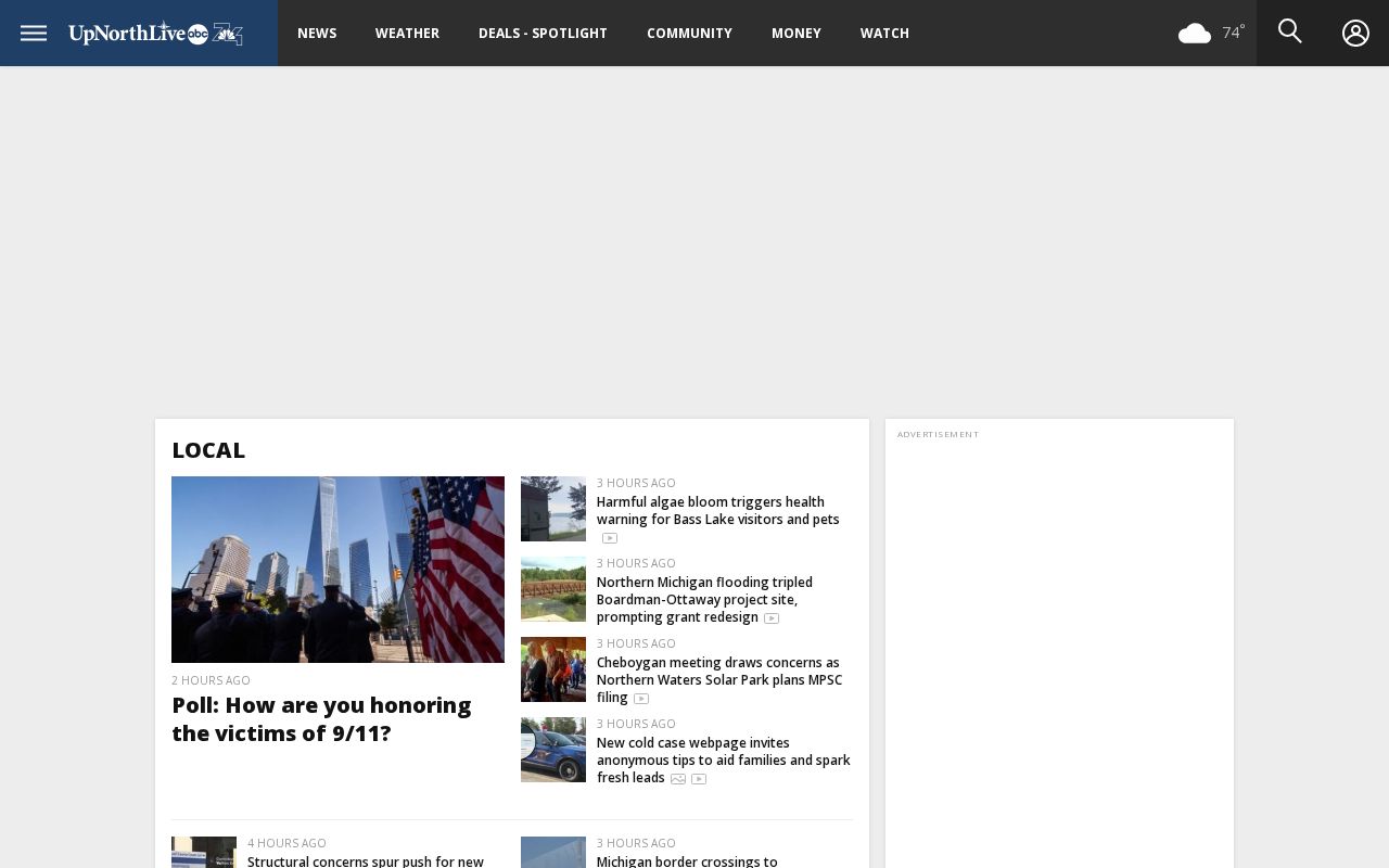 UpNorthLive local news page with selected Grand Traverse arrest coverage