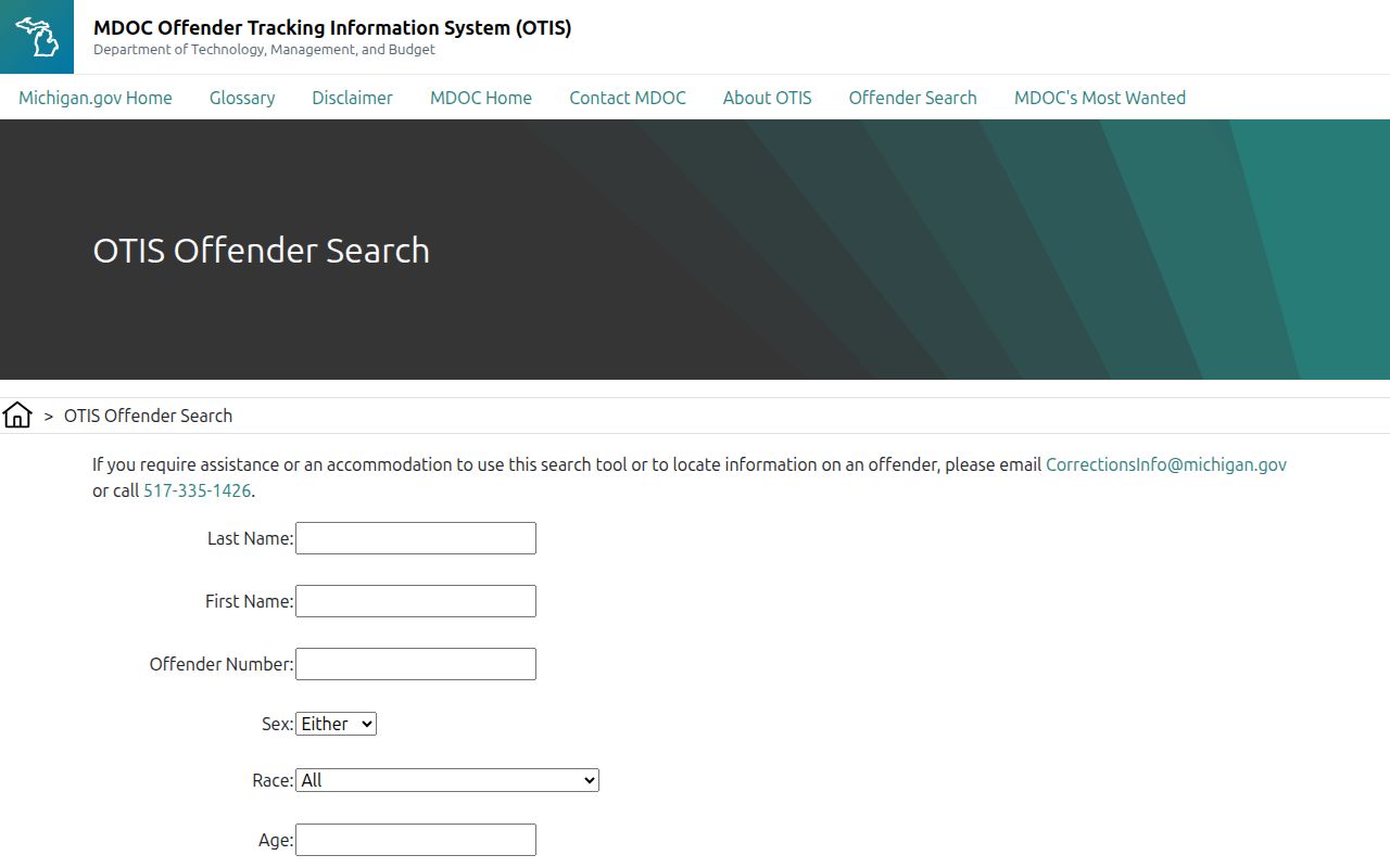 Michigan Department of Corrections OTIS offender search interface