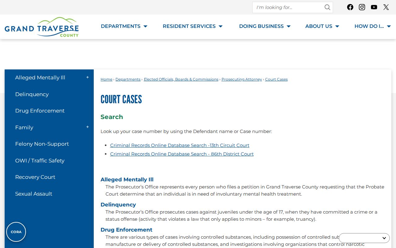 Grand Traverse County Court Cases webpage linking district and circuit records
