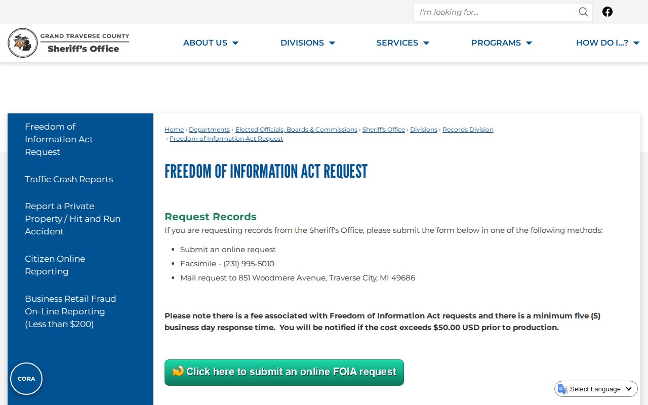 Grand Traverse County Sheriff's Office FOIA request webpage