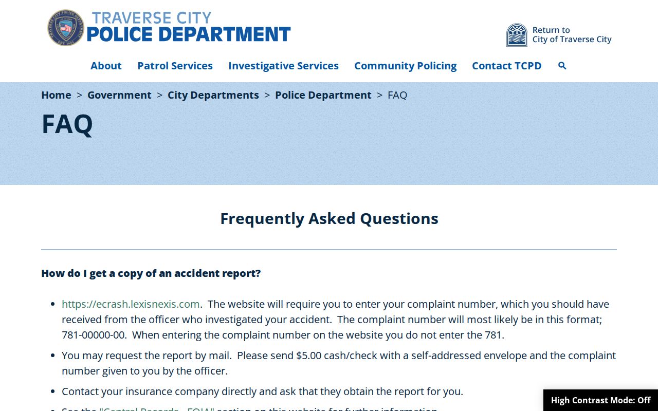 Traverse City Police frequently asked questions page with records guidance